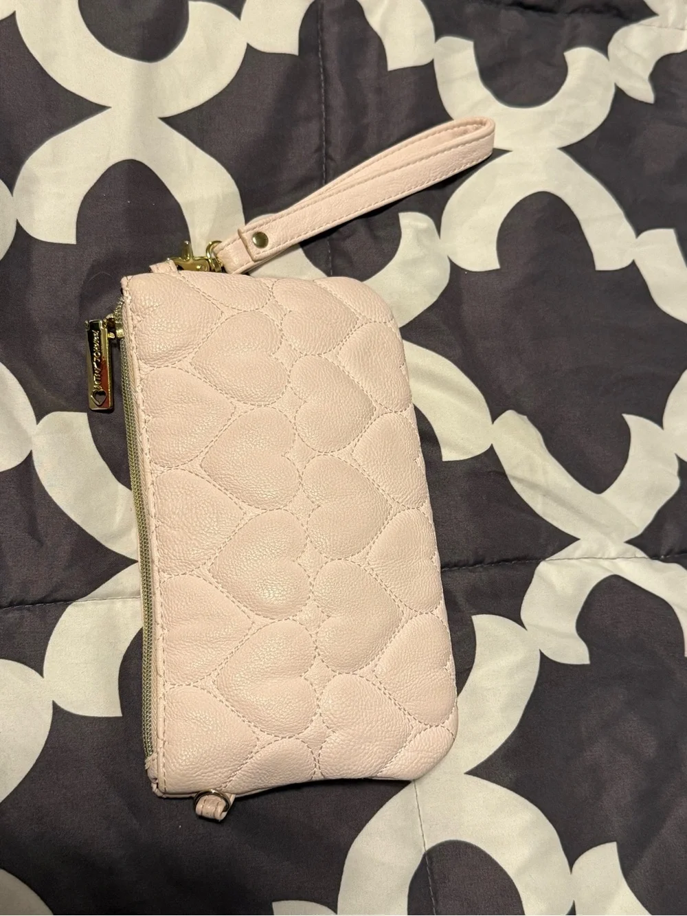 Betsey Johnson blush pink quilted heart wristlet with gold plaque